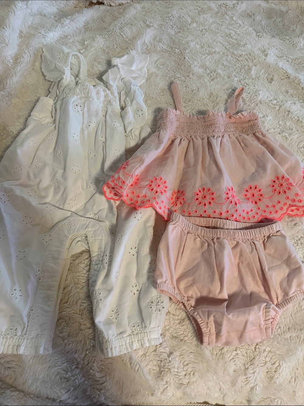 GAP White Eyelet Romper and Pink Floral Trim Two-Piece Set